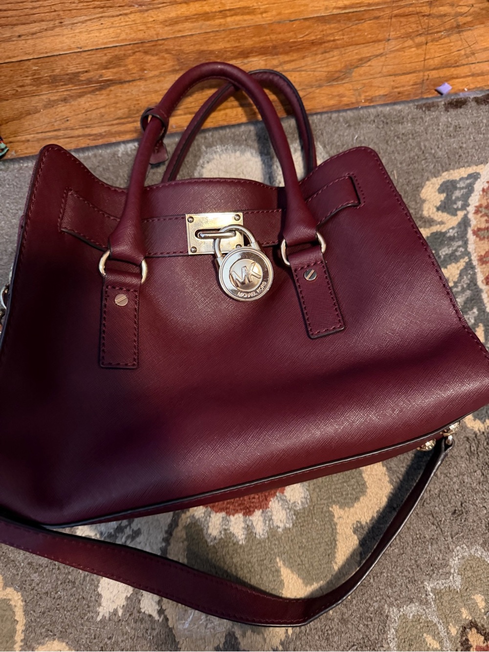 Michael Kors Burgundy Saffiano Satchel with Gold Hardware
